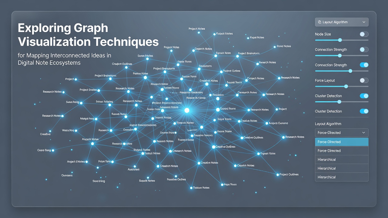 Detailed view of radial graph layout applied to a collection of digital notes with highlighted clusters