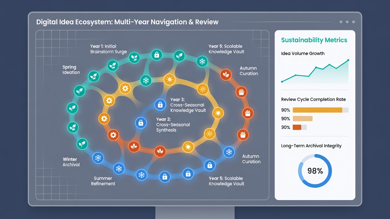 Organized digital workspace showing seasonal review dashboard with color-coded idea clusters and timeline markers spanning several years